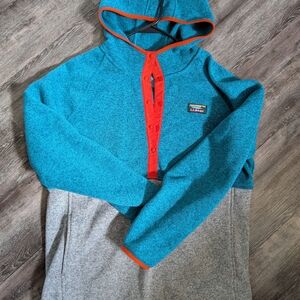 L.L. Bean Teal & Gray Hooded Snap Pullover with Orange Trim